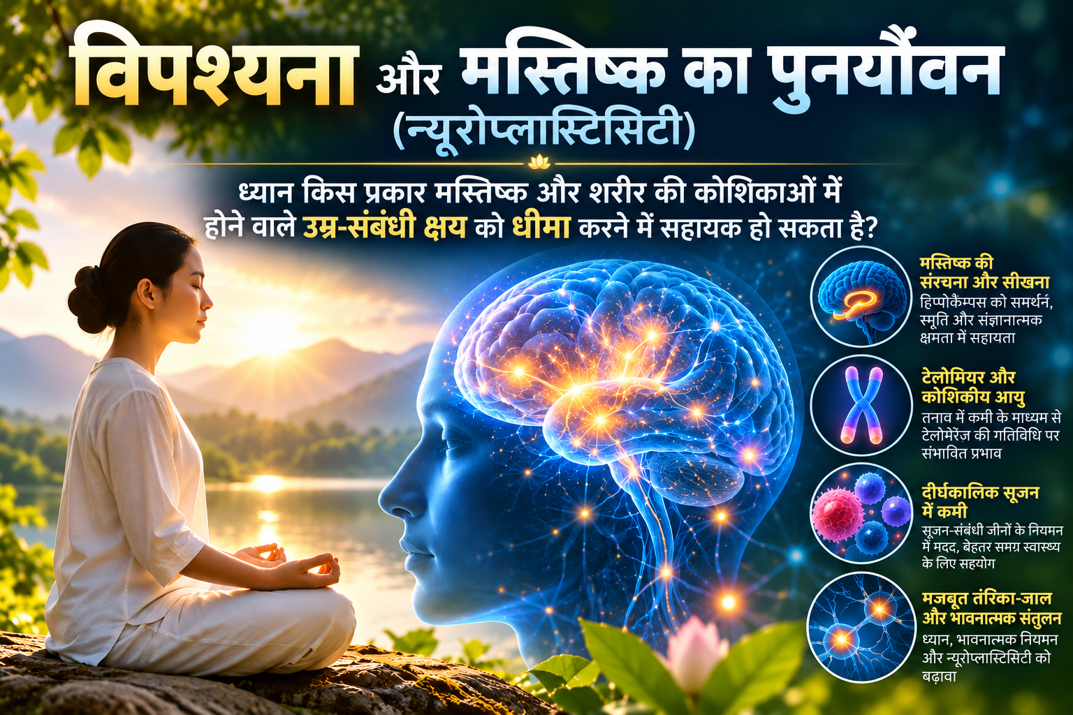 विपश्यना और मस्तिष्क का पुनर्यौवन (Neuroplasticity): ध्यान किस प्रकार मस्तिष्क और शरीर की कोशिकाओं में होने वाले उम्र-संबंधी क्षय को धीमा करने में सहायक हो सकता है?