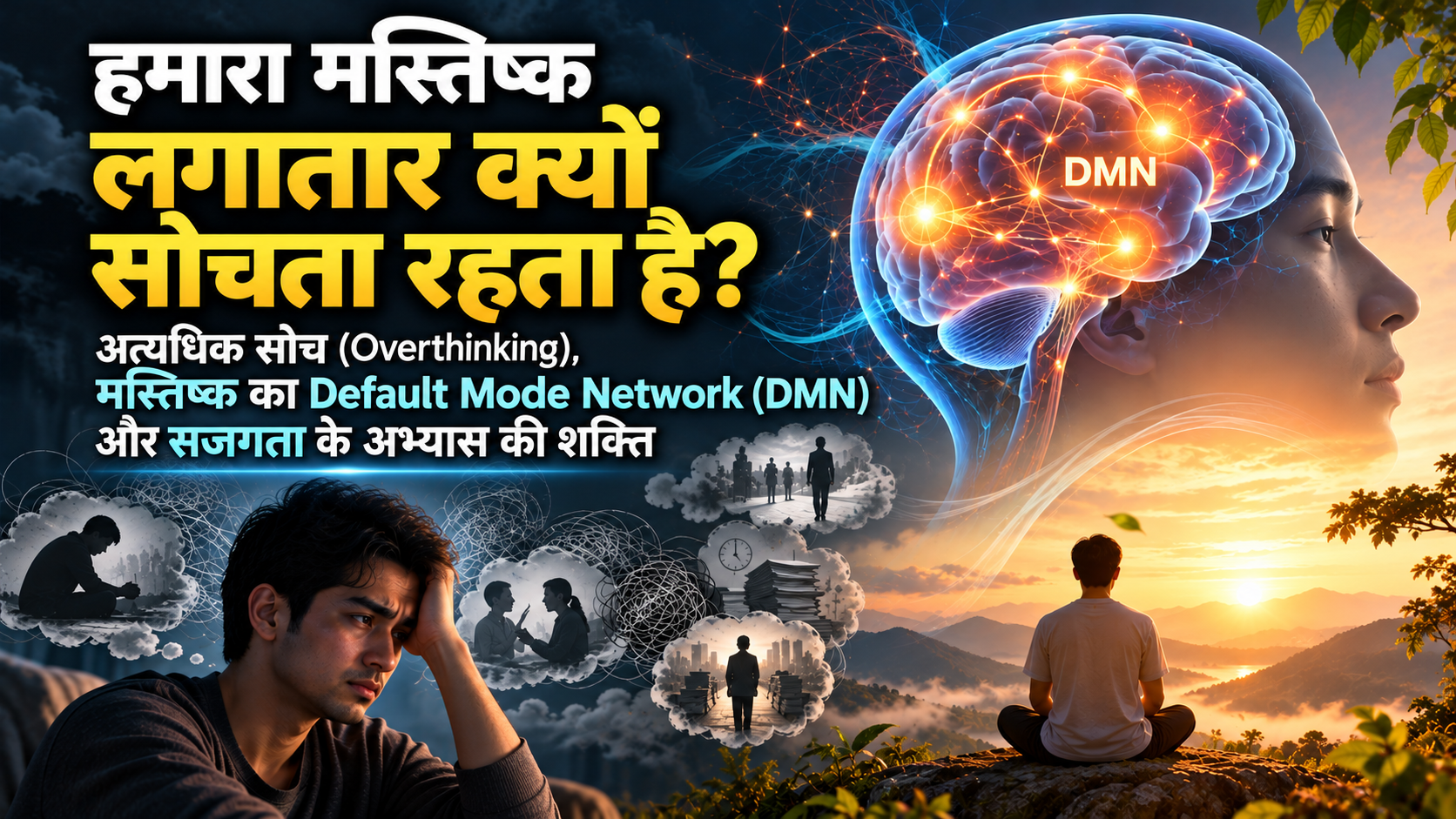 हमारा दिमाग "ओवरथिंक" क्यों करता है? दिमाग का DMN मैकेनिज्म और माइंडफुलनेस से सोचने के साइकिल को कैसे रोकें।